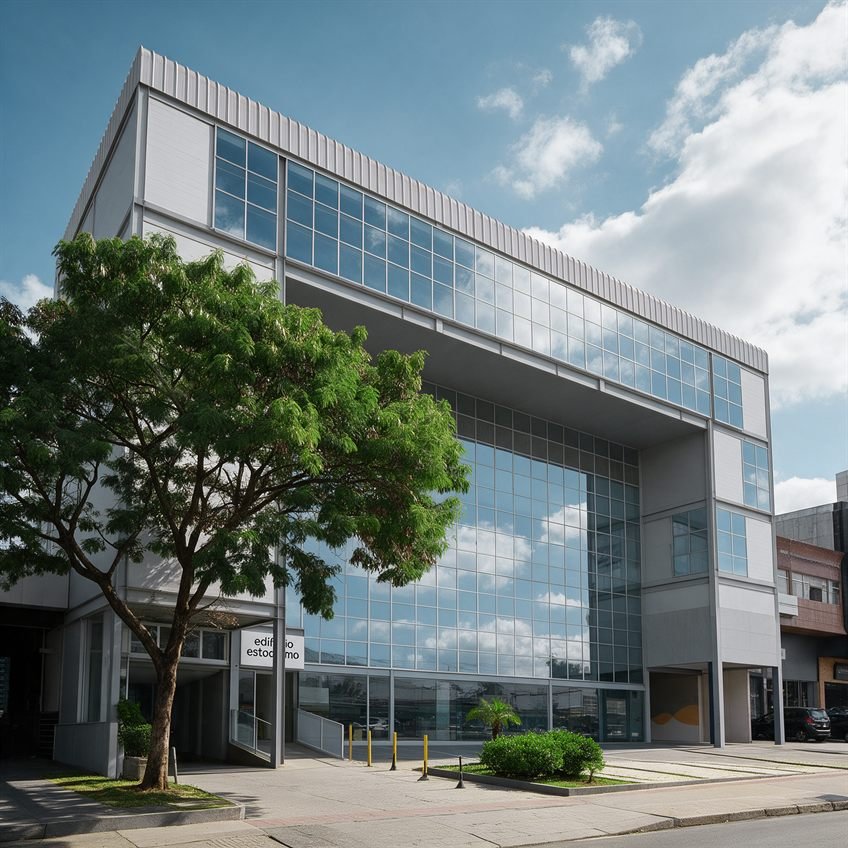 Prédio comercial com fachada de vidro e uma árvore em frente