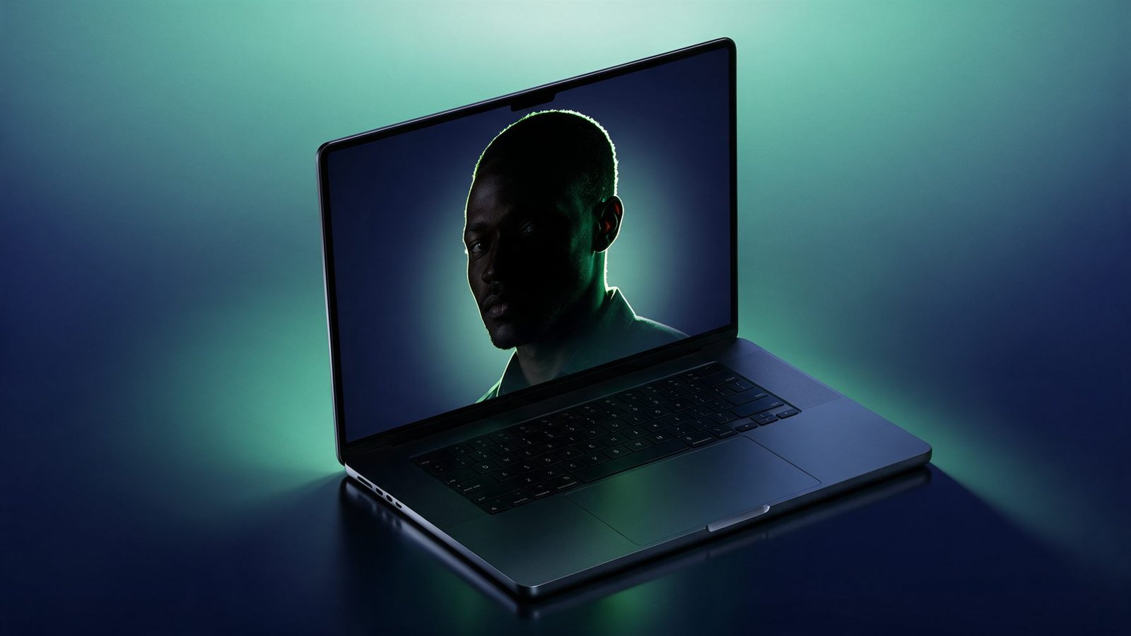 Notebook aberto exibindo o rosto de um homem iluminado em tons de verde
