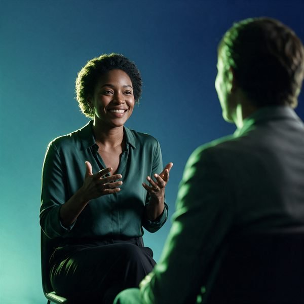 Mulher sorrindo e gesticulando durante uma conversa