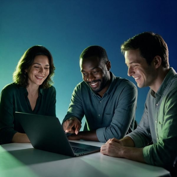 Três pessoas sorrindo enquanto analisam juntas a tela de um notebook