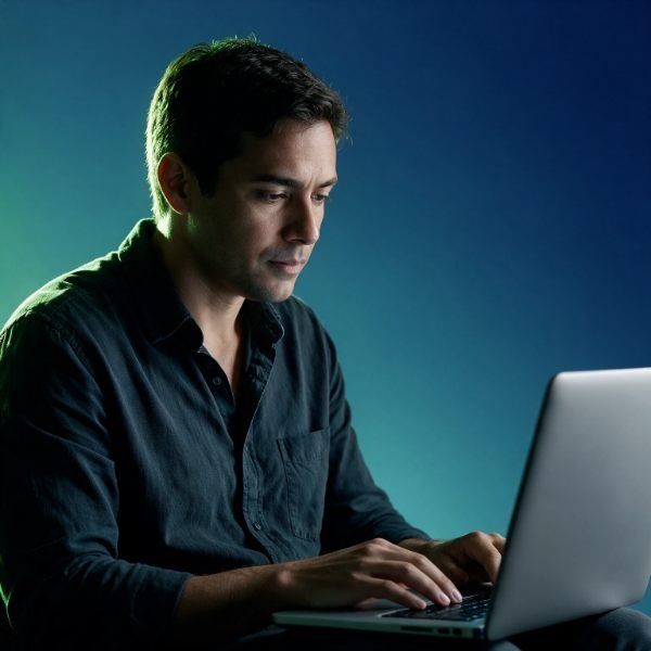 Homem concentrado digitando em um notebook