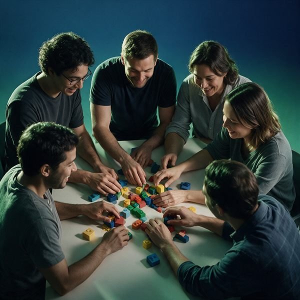 Equipe reunida em volta de uma mesa montando peças coloridas