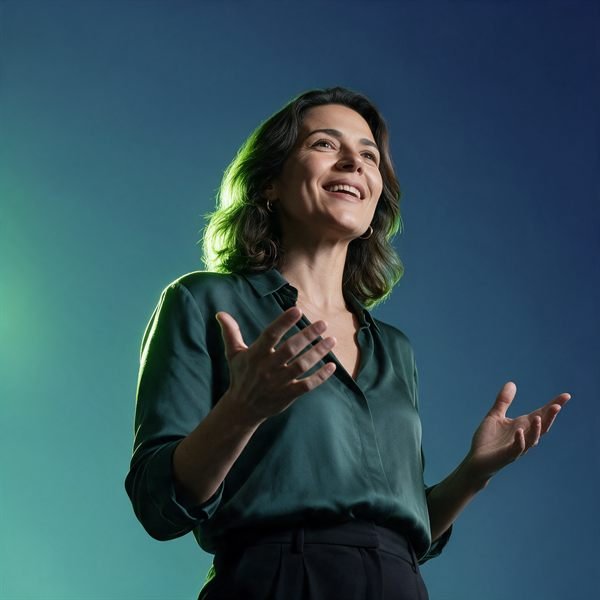 Mulher sorrindo enquanto fala para um grupo